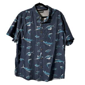 Eddie Bauer Mens XL Swordfish Ocean Fishing Shirt Blue Dorado‎ Marlin Button Up